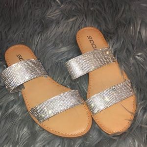 women’s silver studded slides